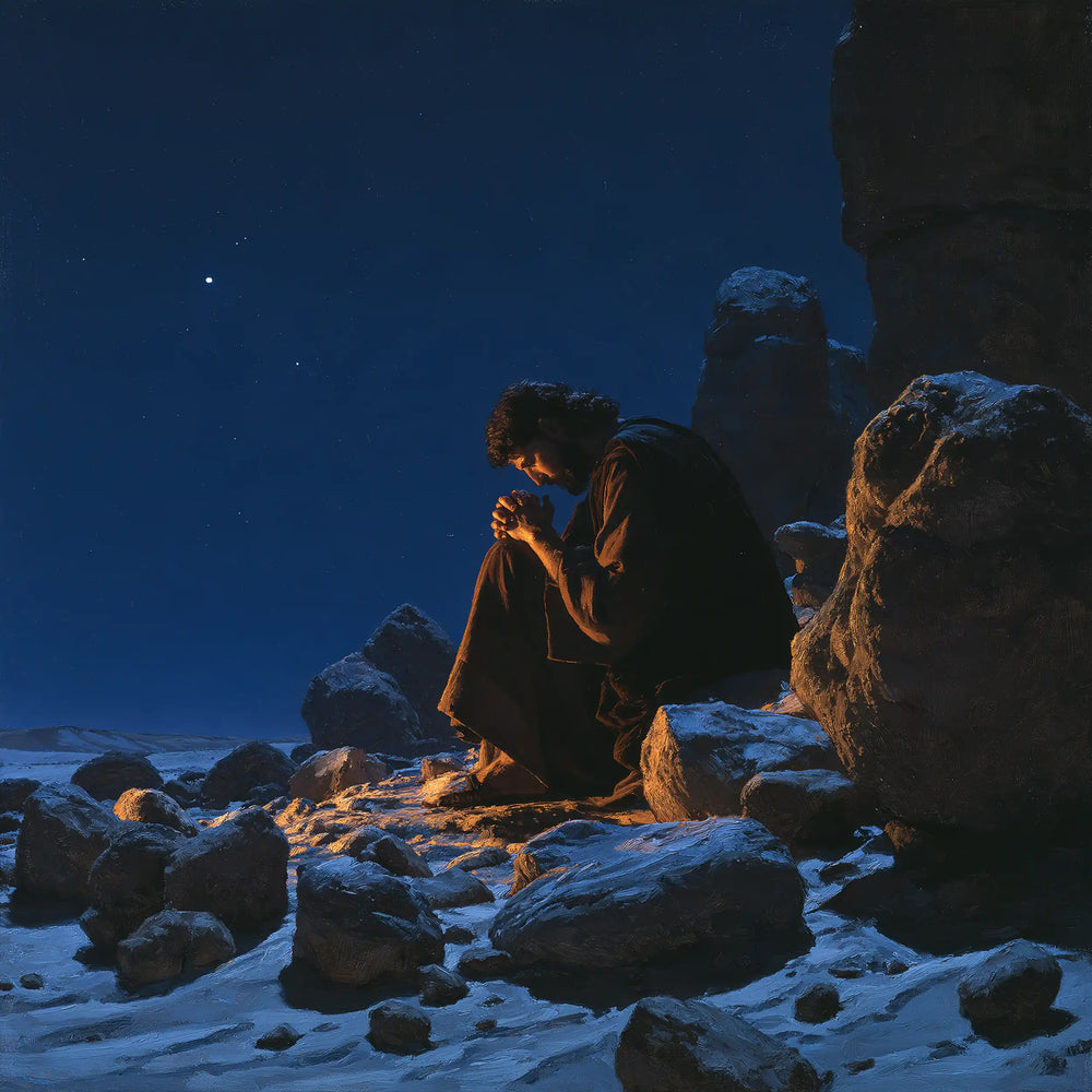 Jesus in the desert during the temptation in Midnight Blue Chiaroscuro style, square Christian artwork no. 2