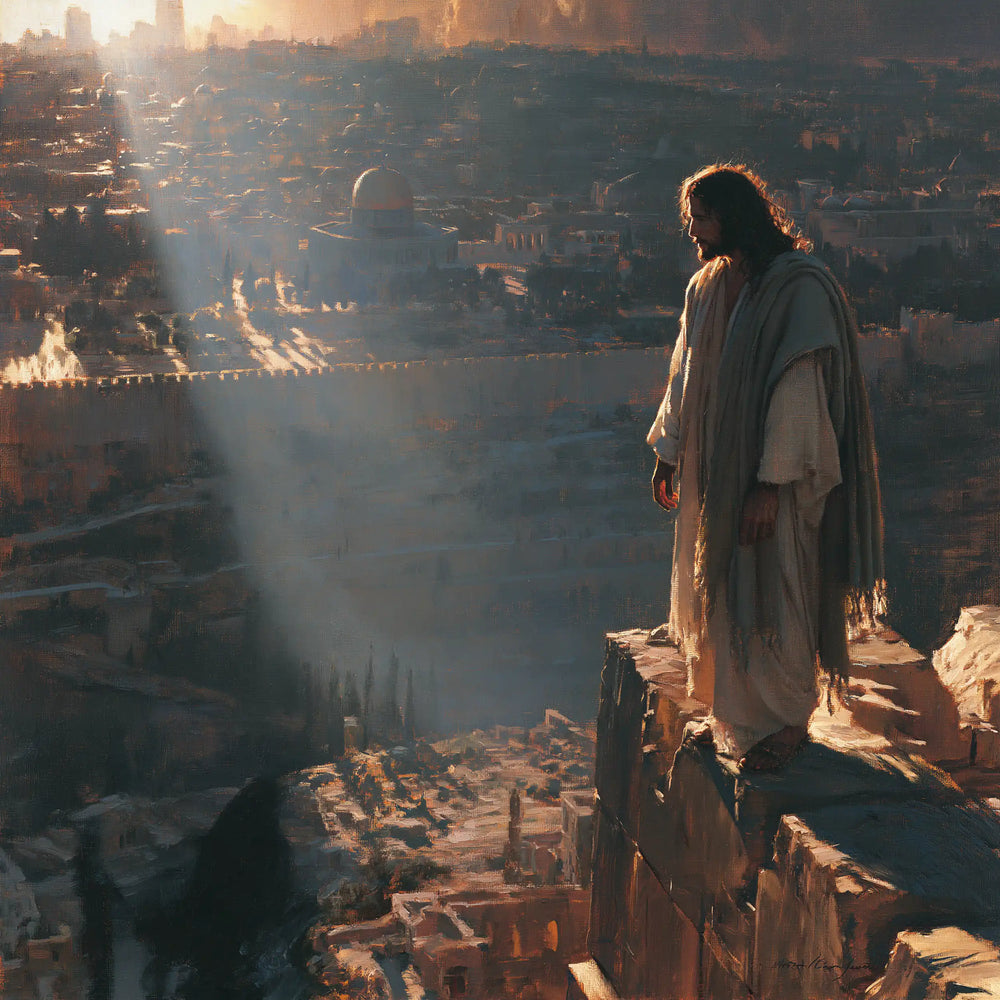 Jesus during the temptation at the pinnacle of the temple in The Pinnacle of the Temple style, square Christian artwork no. 4