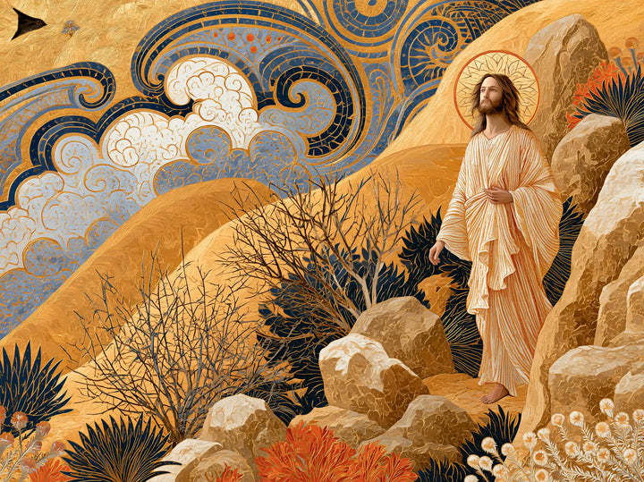 Jesus in the Desert — Walking beneath Cobalt Scrolls