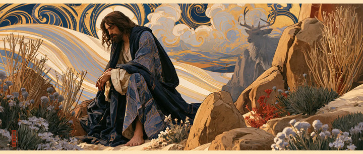 Jesus in the Desert — The Blue Cloak among Pale Flowers