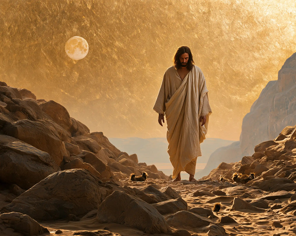 Jesus in the desert during the temptation in Sacred Gold style, landscape Christian artwork no. 3