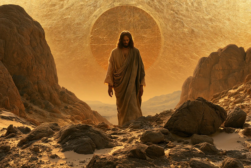 Jesus in the desert during the temptation in Sacred Gold style, landscape Christian artwork no. 8