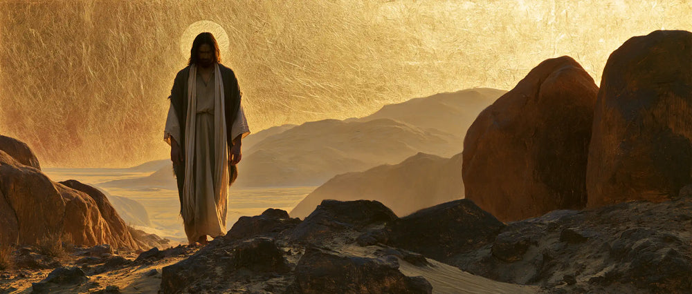 Jesus in the desert during the temptation in Sacred Gold style, landscape Christian artwork no. 16