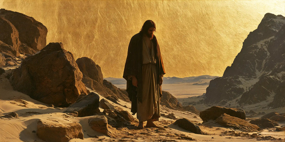 Jesus in the desert during the temptation in Sacred Gold style, landscape Christian artwork no. 20