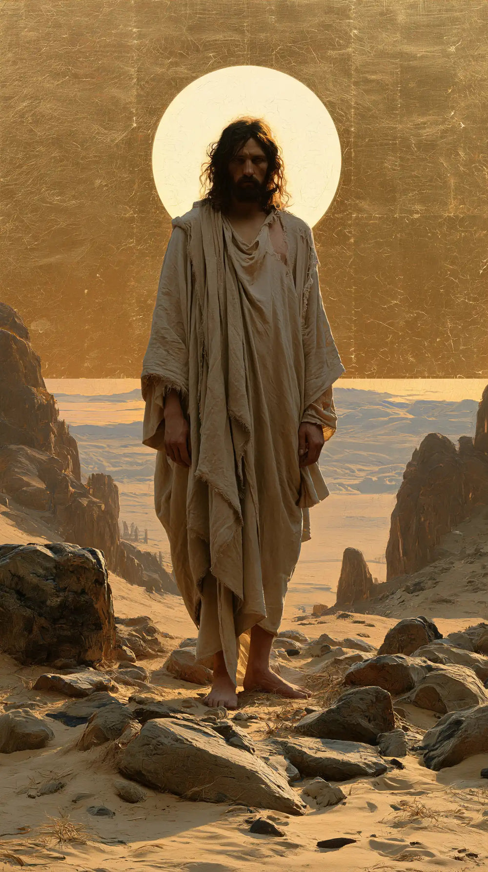 Jesus in the desert during the temptation in Sacred Gold style, portrait Christian artwork no. 3