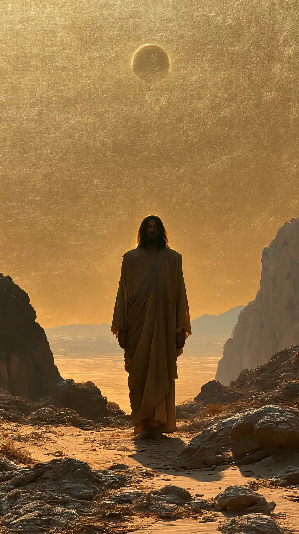Jesus in the desert during the temptation in Sacred Gold style, portrait Christian artwork no. 6