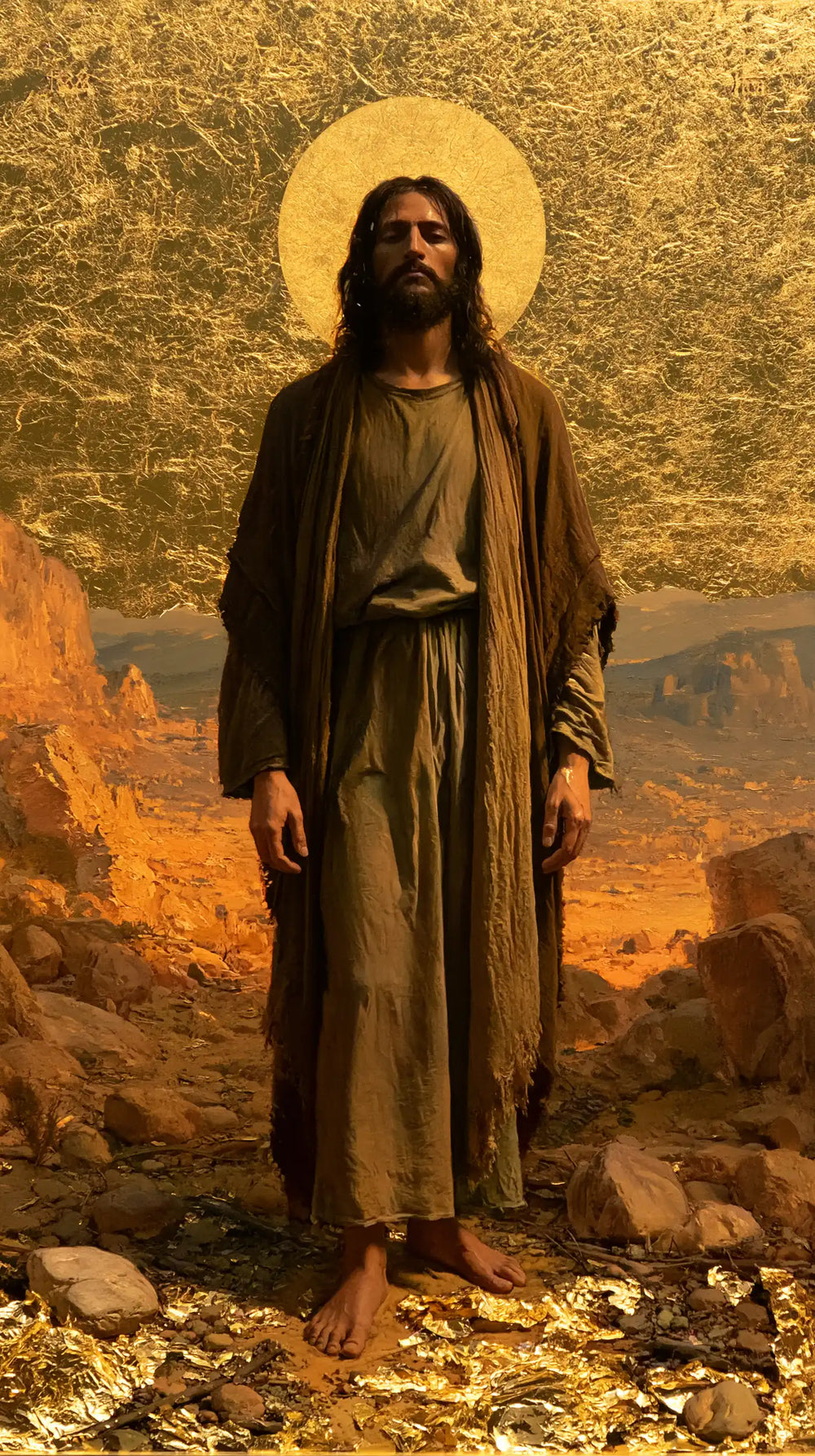 Jesus in the desert during the temptation in Sacred Gold style, portrait Christian artwork no. 13
