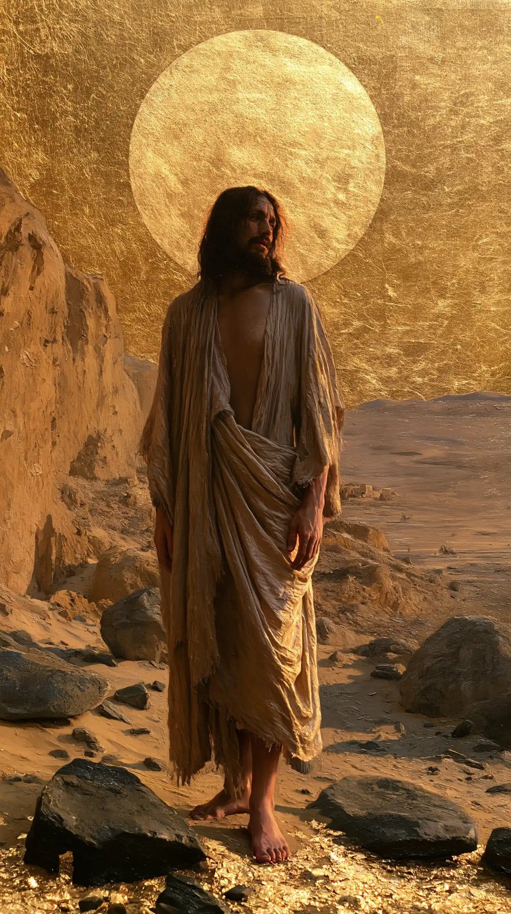 Jesus in the desert during the temptation in Sacred Gold style, portrait Christian artwork no. 14