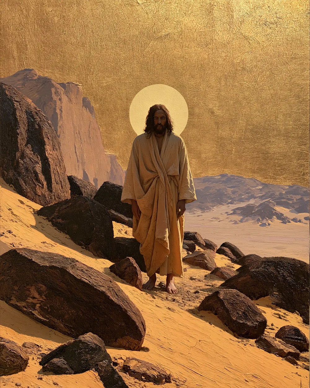 Jesus in the desert during the temptation in Sacred Gold style, portrait Christian artwork no. 25