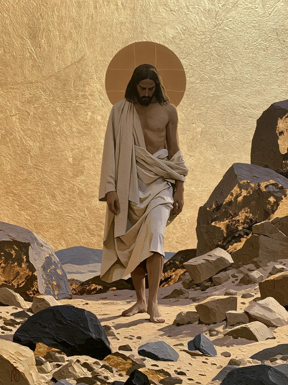 Jesus in the desert during the temptation in Sacred Gold style, portrait Christian artwork no. 28