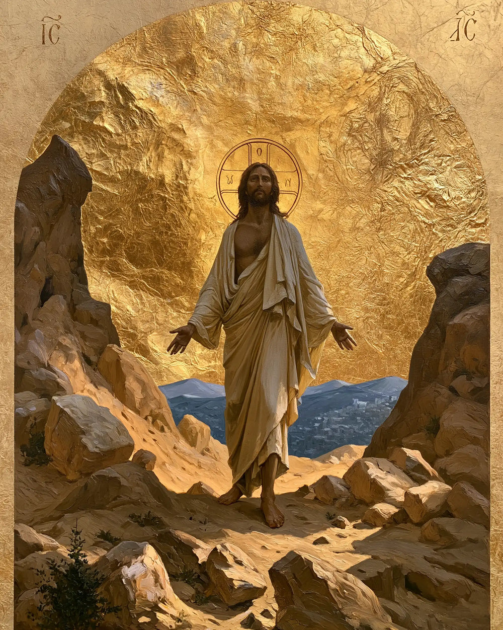 Jesus in the desert during the temptation in Sacred Gold style, portrait Christian artwork no. 33