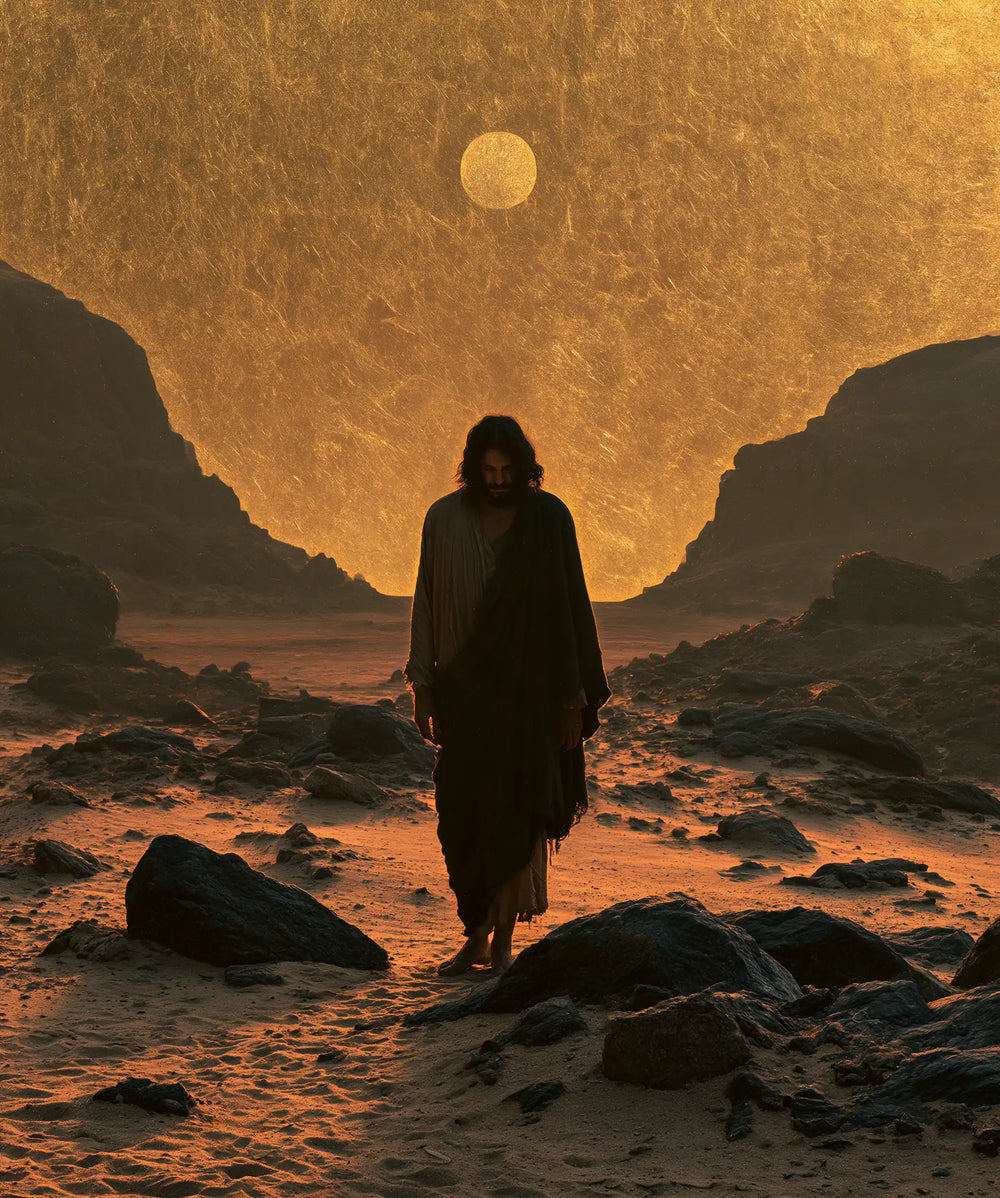 Jesus in the desert during the temptation in Sacred Gold style, portrait Christian artwork no. 34