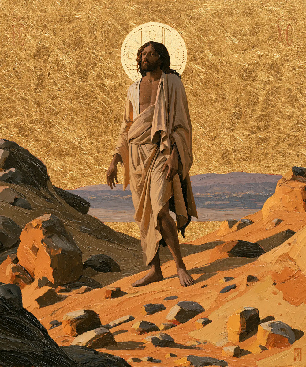 Jesus in the desert during the temptation in Sacred Gold style, portrait Christian artwork no. 36