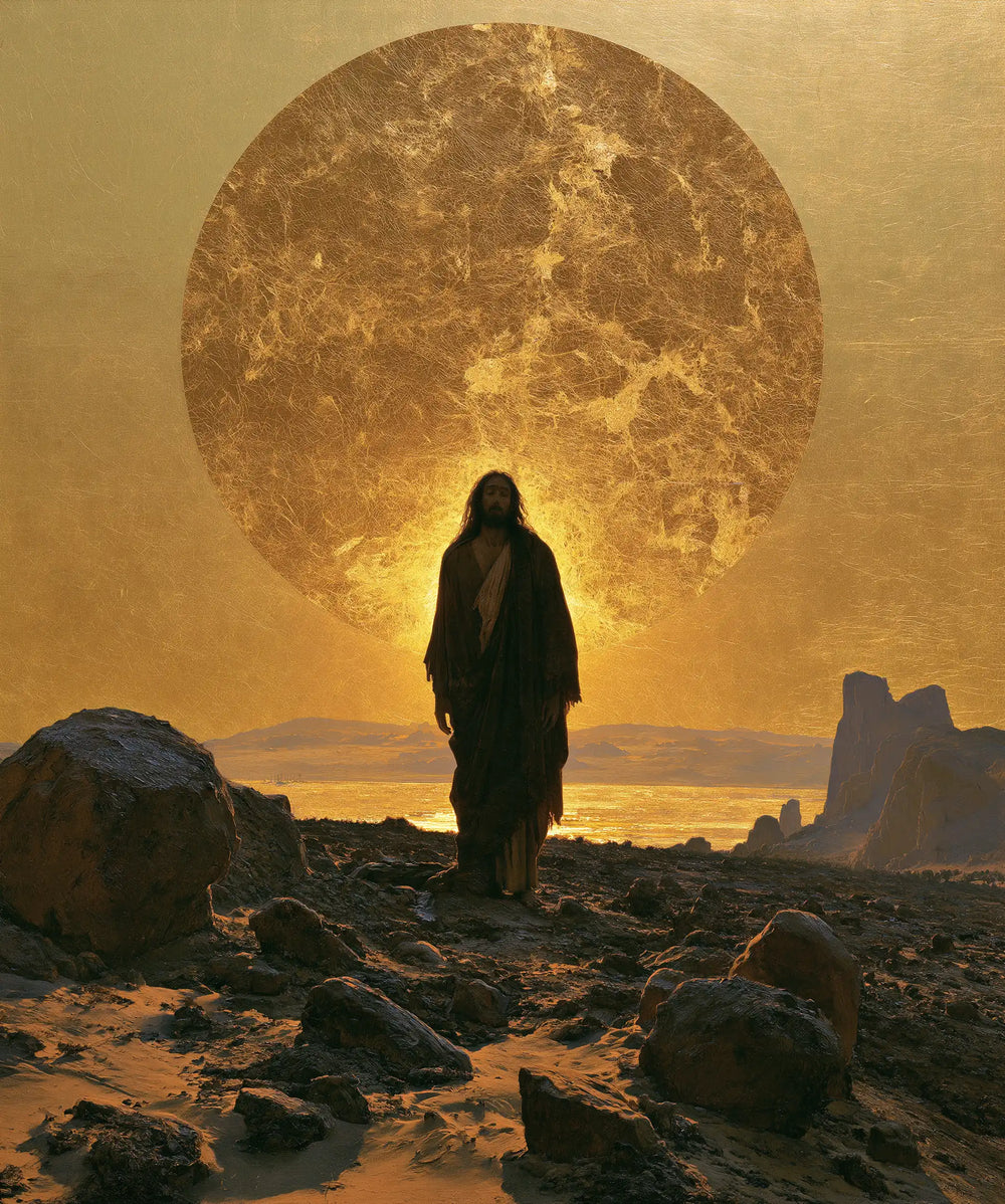 Jesus in the desert during the temptation in Sacred Gold style, portrait Christian artwork no. 37