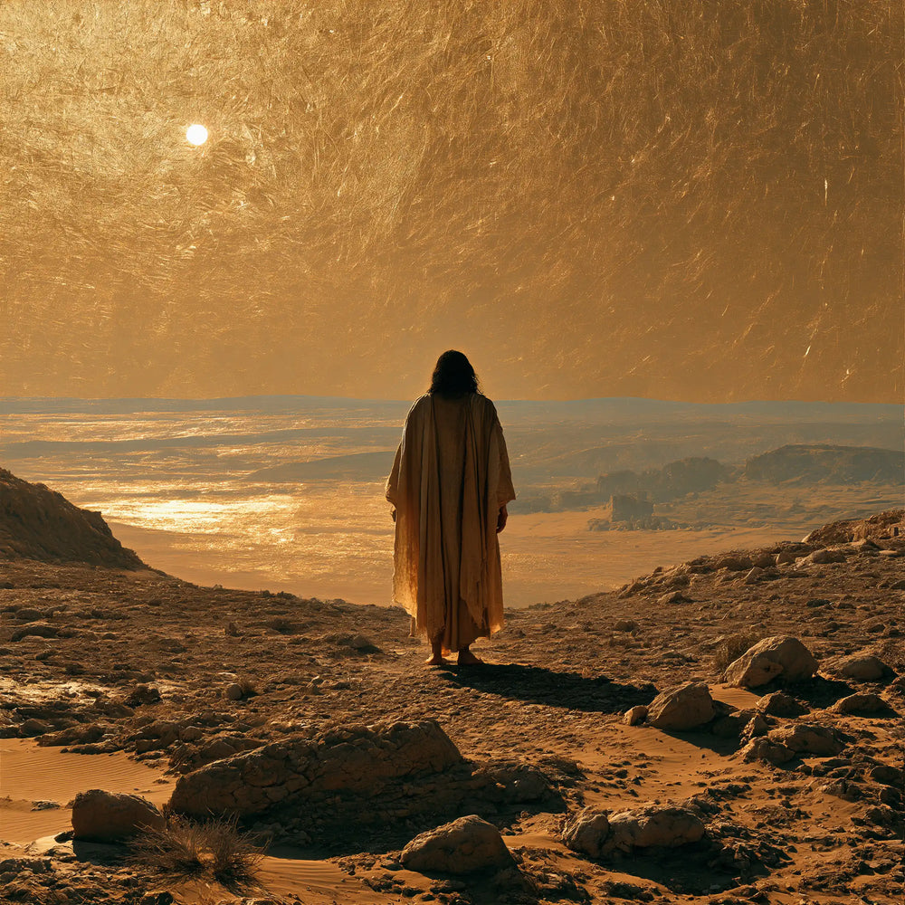 Jesus in the desert during the temptation in Sacred Gold style, square Christian artwork no. 3