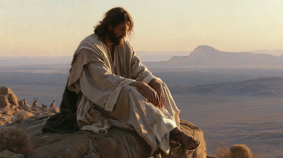 Jesus in the Desert — Peaceful Hands before the Solitary Mountain