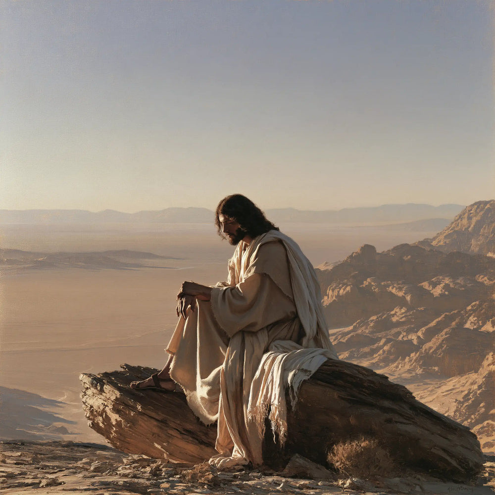 Jesus alone in the silence of the desert in The Silence of the Desert style, square Christian artwork no. 2