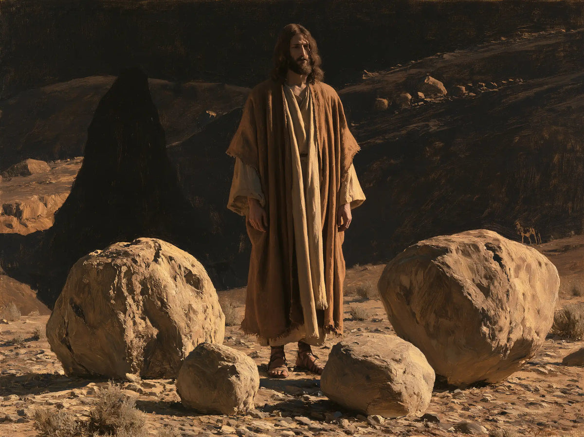Jesus facing the temptation to turn stones into bread in The Stones of Temptation style, landscape Christian artwork no. 9