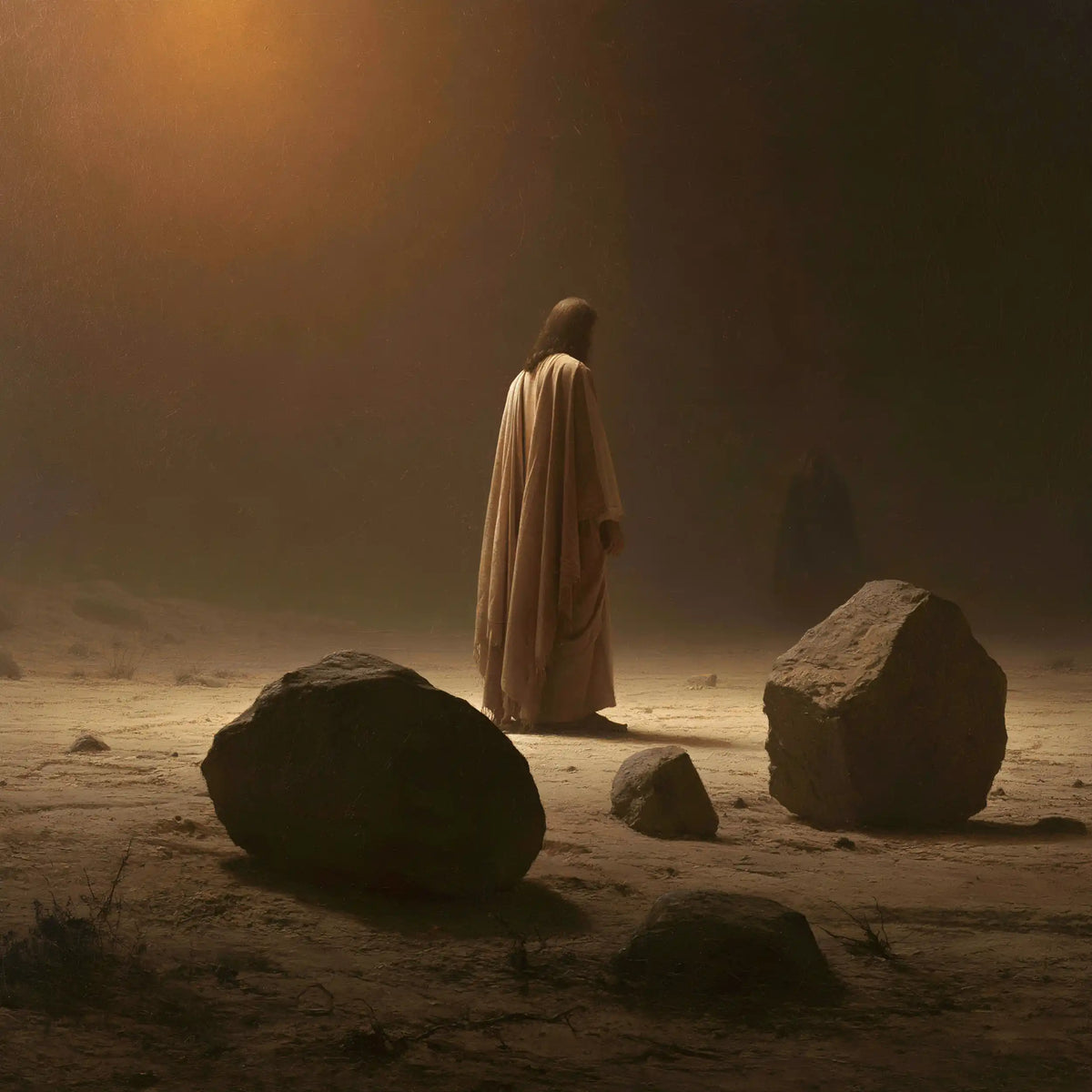 Jesus facing the temptation to turn stones into bread in The Stones of Temptation style, square Christian artwork no. 2