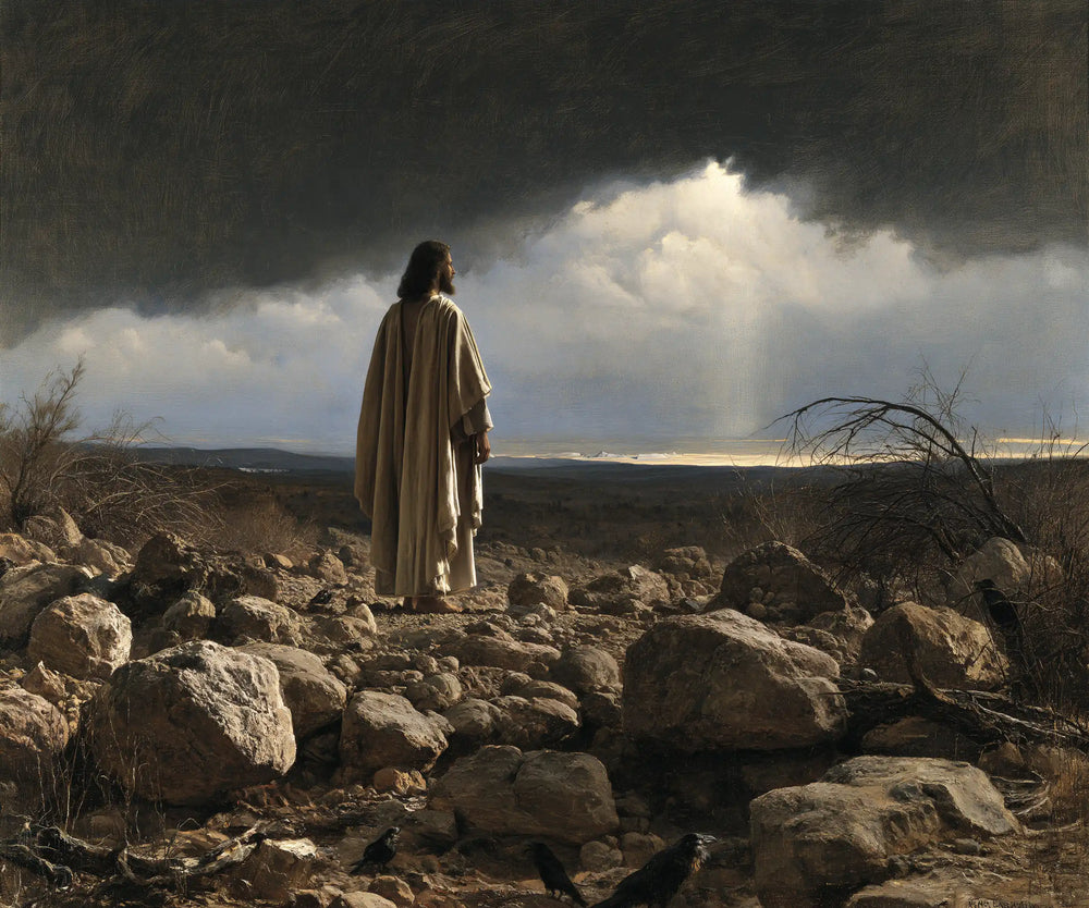 Jesus in the desert during the temptation in Symbolist style, landscape Christian artwork no. 2
