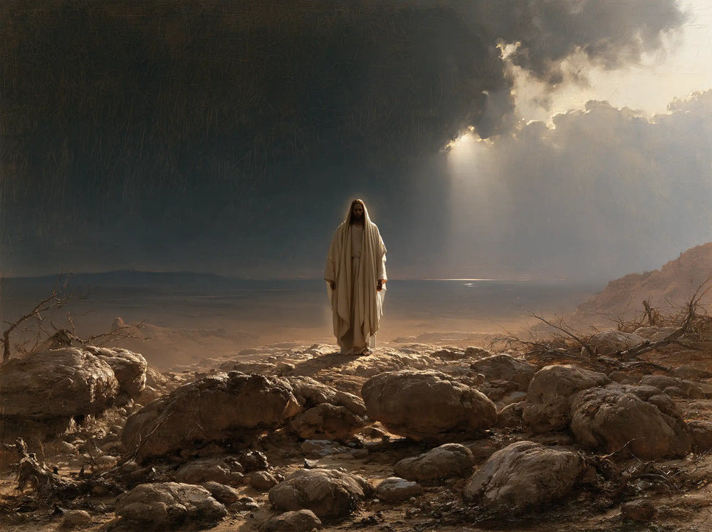 Jesus in the desert during the temptation in Symbolist style, landscape Christian artwork no. 12