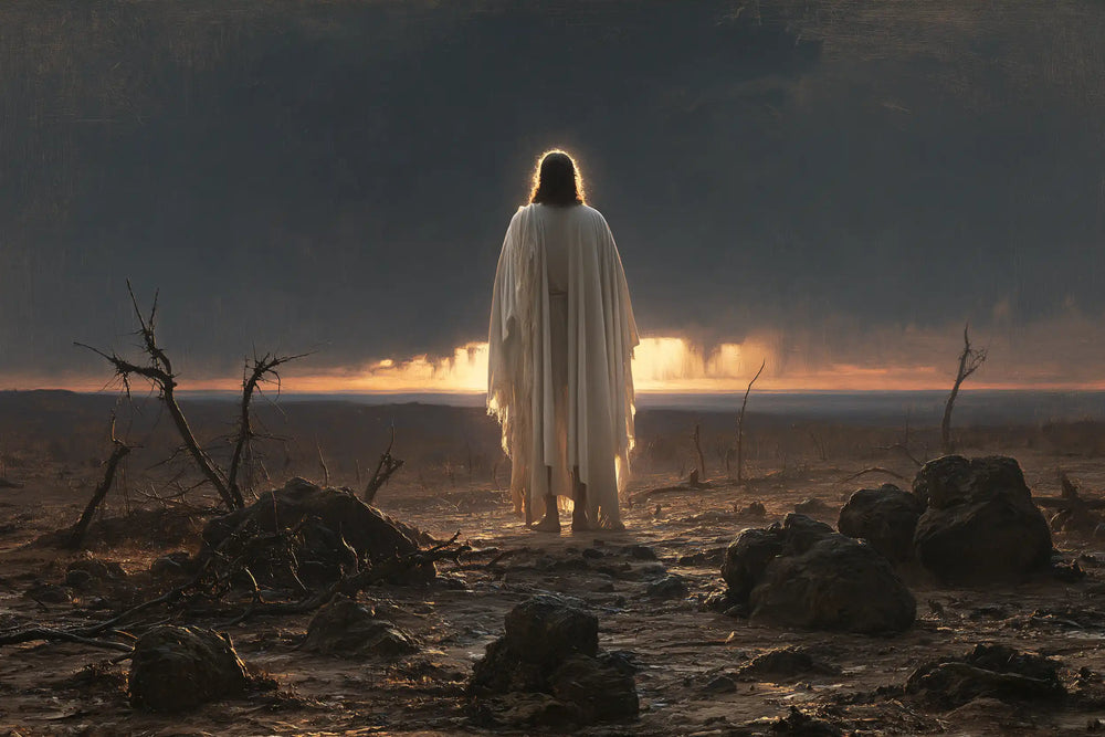 Jesus in the desert during the temptation in Symbolist style, landscape Christian artwork no. 16