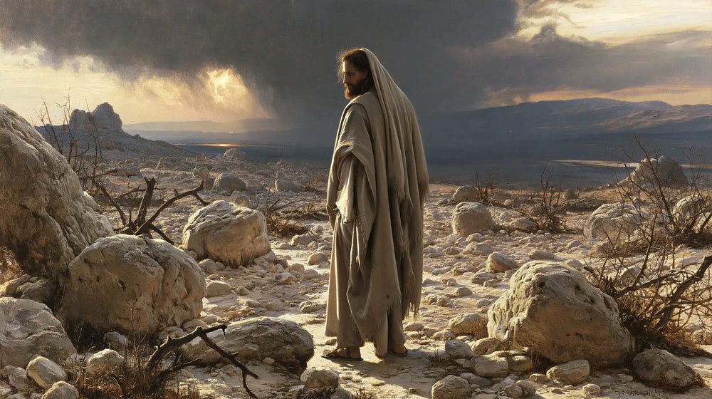 Jesus in the desert during the temptation in Symbolist style, landscape Christian artwork no. 17