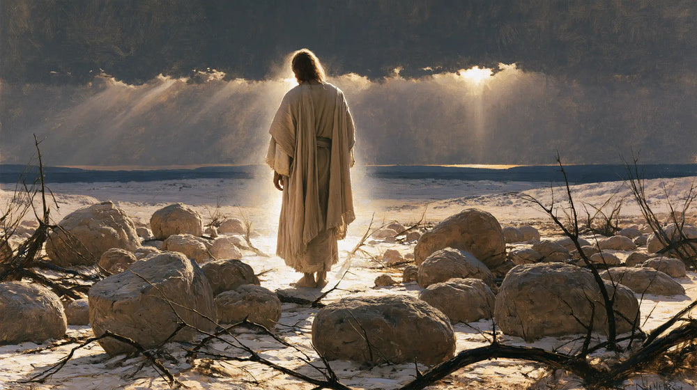 Jesus in the desert during the temptation in Symbolist style, landscape Christian artwork no. 18