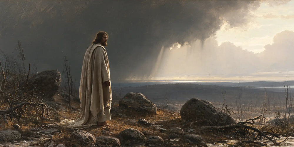 Jesus in the desert during the temptation in Symbolist style, landscape Christian artwork no. 21