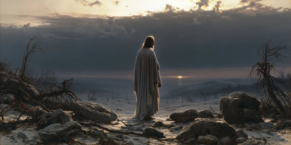 Jesus in the desert during the temptation in Symbolist style, landscape Christian artwork no. 22