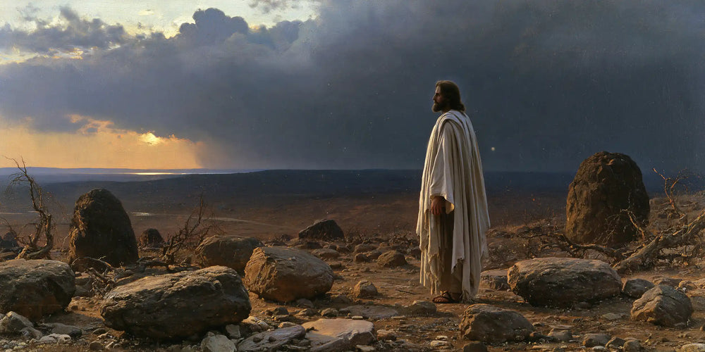 Jesus in the desert during the temptation in Symbolist style, landscape Christian artwork no. 23