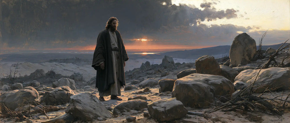 Jesus in the desert during the temptation in Symbolist style, landscape Christian artwork no. 24