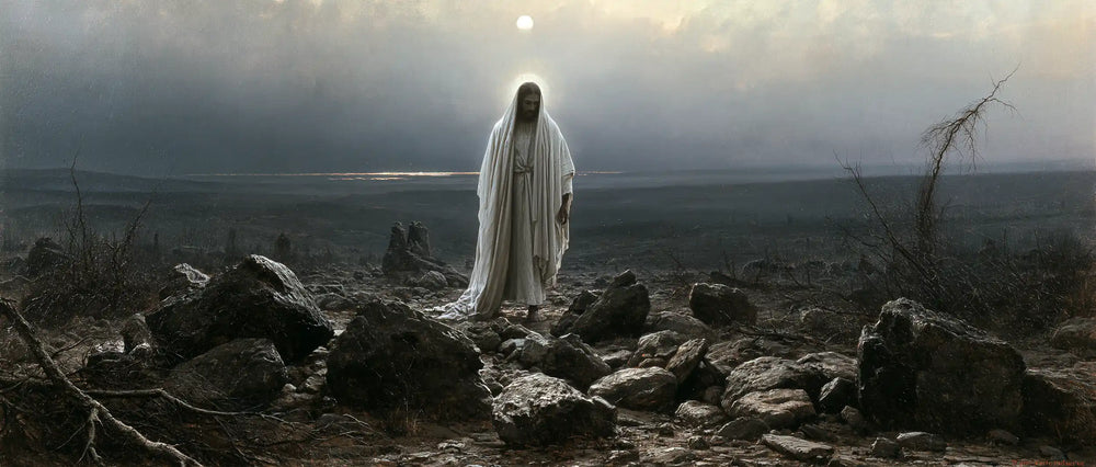 Jesus in the desert during the temptation in Symbolist style, landscape Christian artwork no. 27