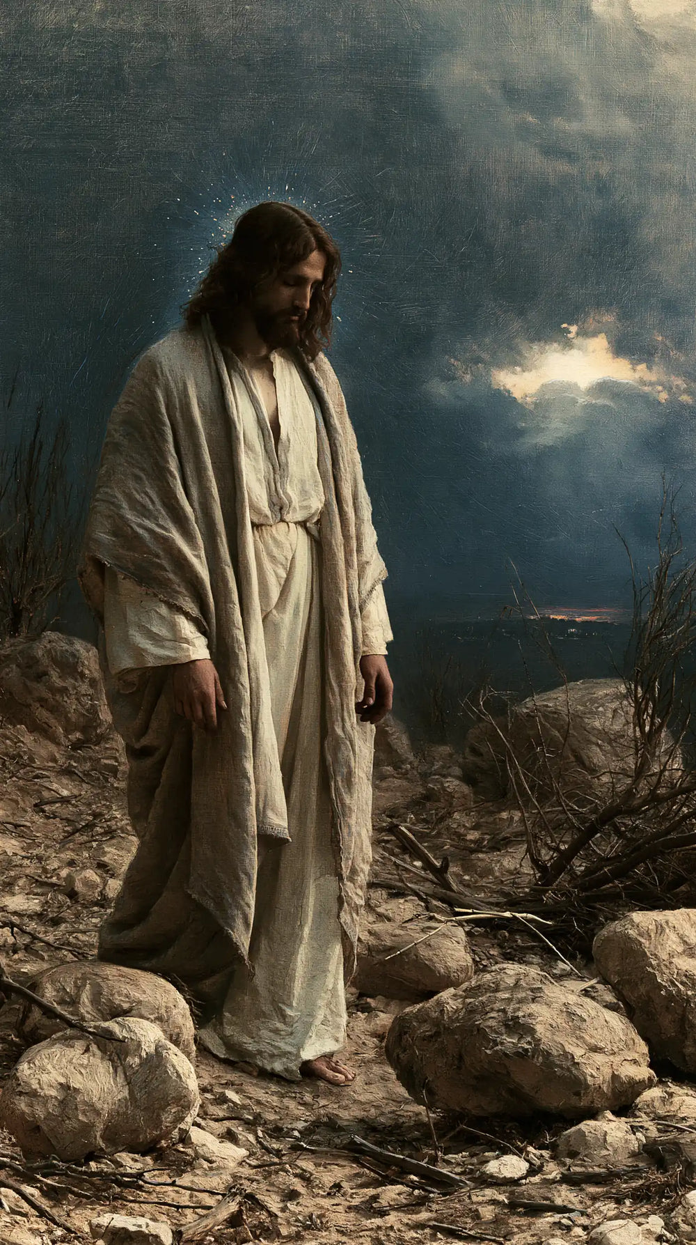 Jesus in the desert during the temptation in Symbolist style, portrait Christian artwork no. 5
