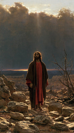 Jesus in the Desert — Silent Red beneath the Crown of Clouds