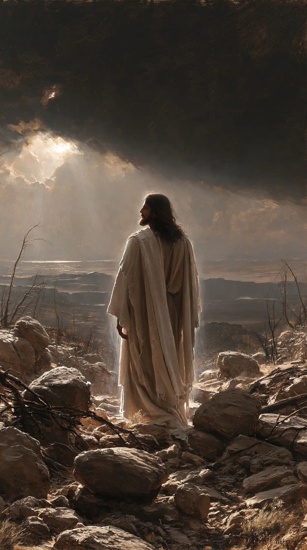 Jesus in the desert during the temptation in Symbolist style, portrait Christian artwork no. 10