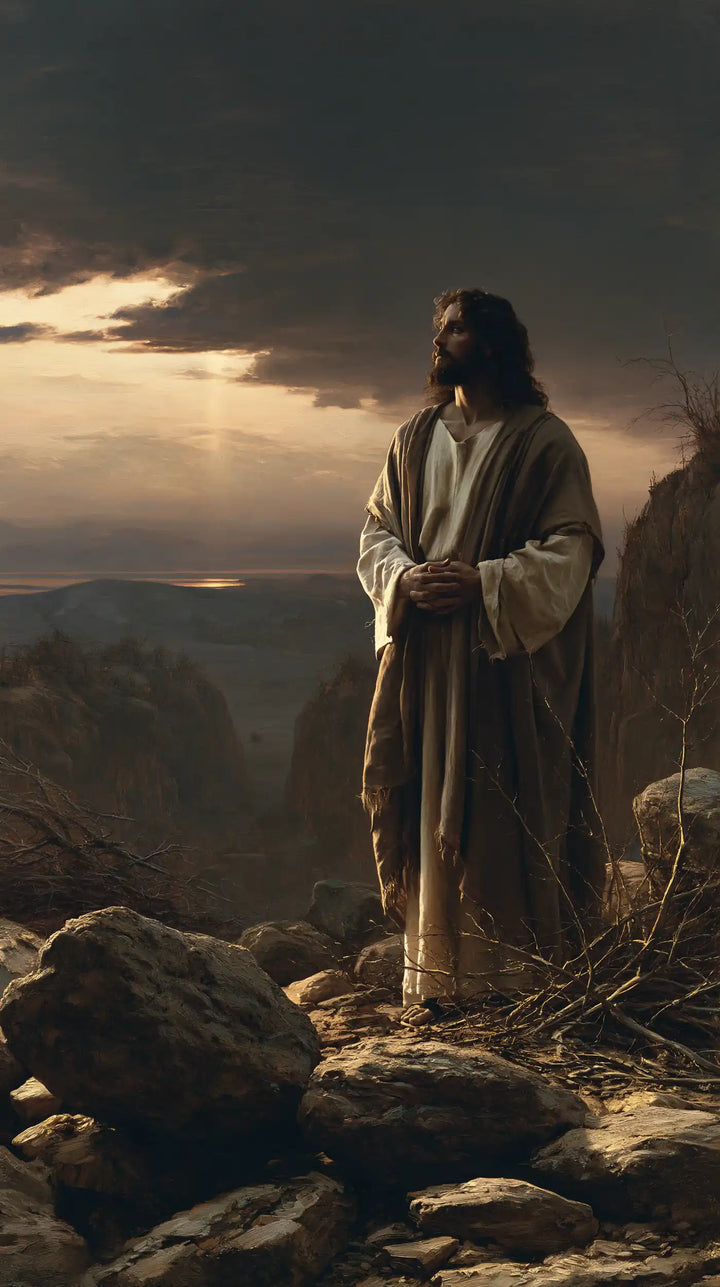 Jesus in the Desert — Hands Joined before the Evening Gold