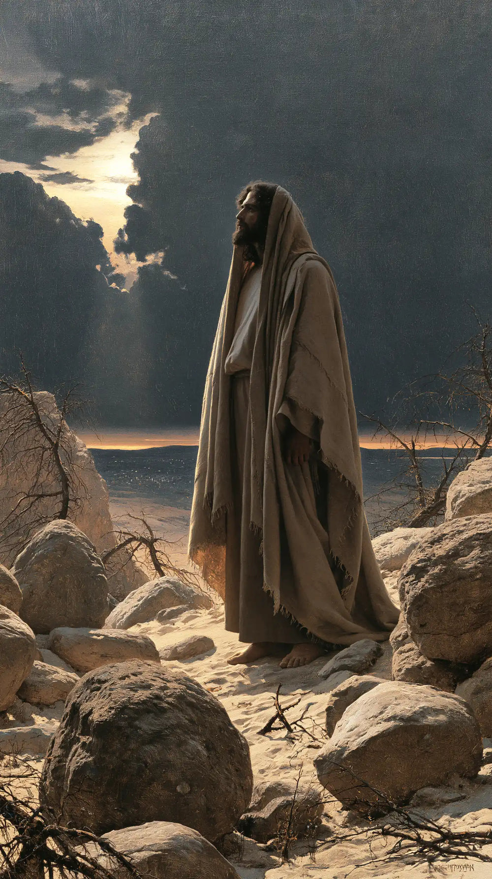Jesus in the desert during the temptation in Symbolist style, portrait Christian artwork no. 19