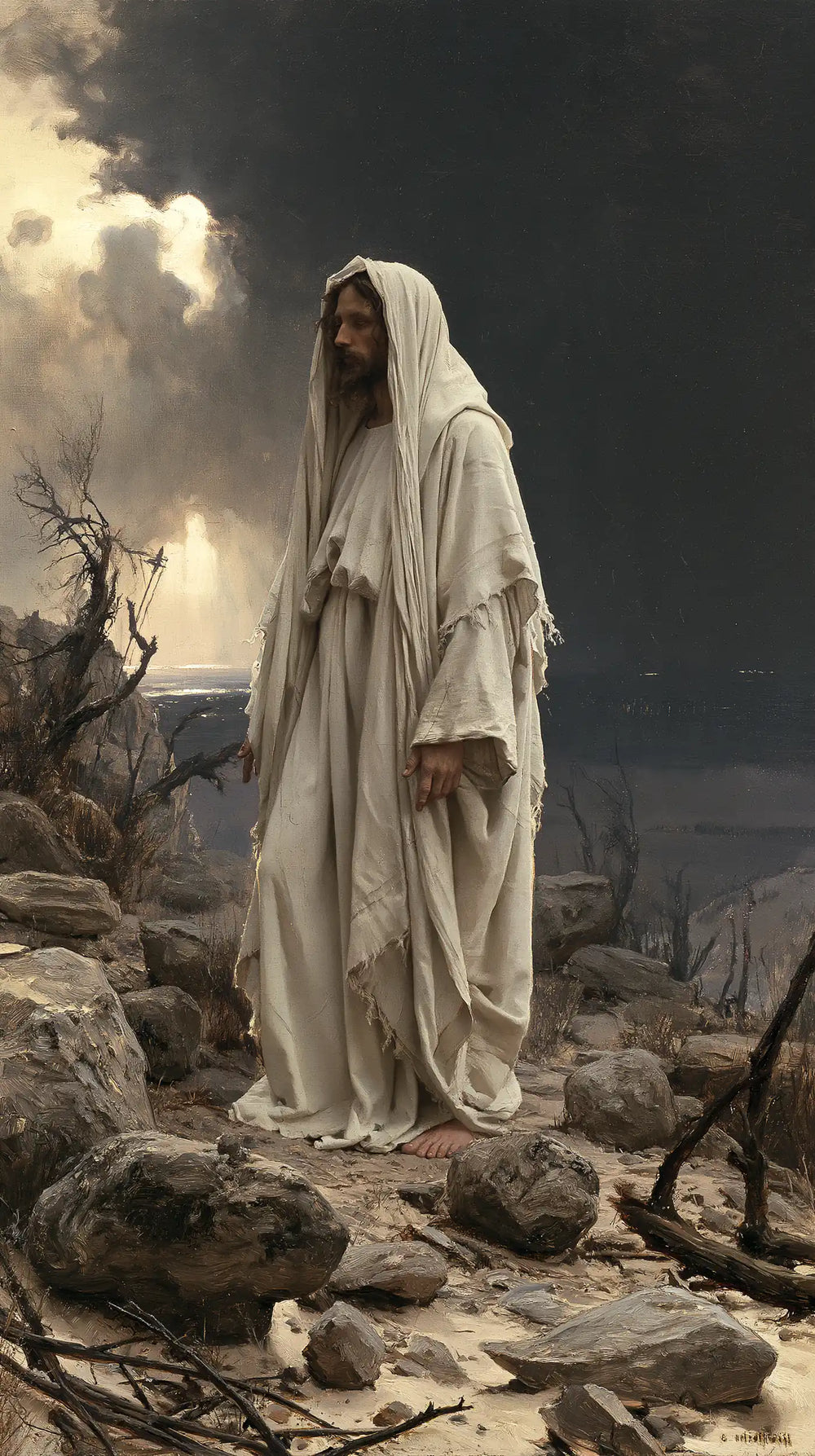 Jesus in the desert during the temptation in Symbolist style, portrait Christian artwork no. 20
