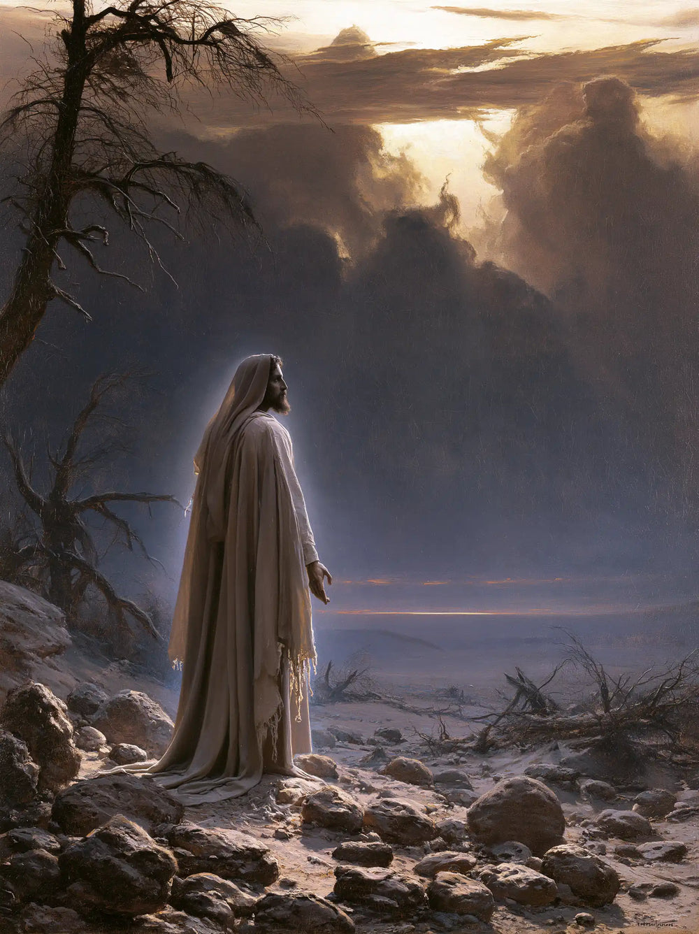 Jesus in the desert during the temptation in Symbolist style, portrait Christian artwork no. 32