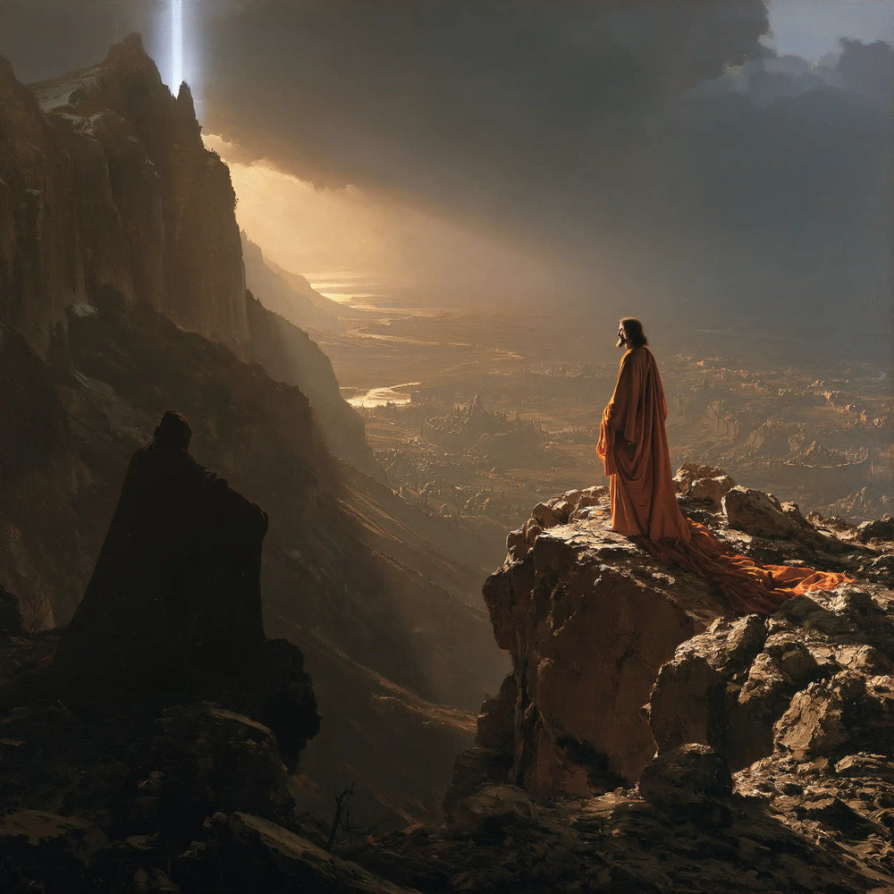 Jesus resisting the temptation of the kingdoms of the world in The Temptation of the Kingdoms style, square Christian artwork no. 3