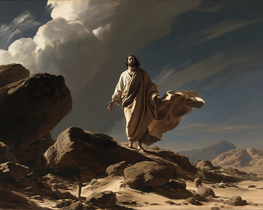 Jesus in the desert during the temptation in Theatrical Baroque style, landscape Christian artwork no. 5