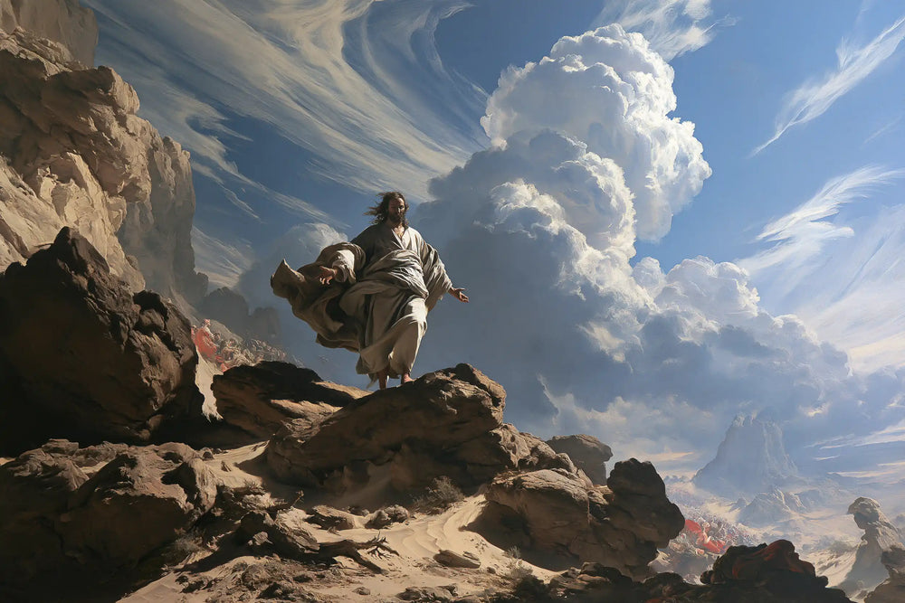 Jesus in the desert during the temptation in Theatrical Baroque style, landscape Christian artwork no. 15
