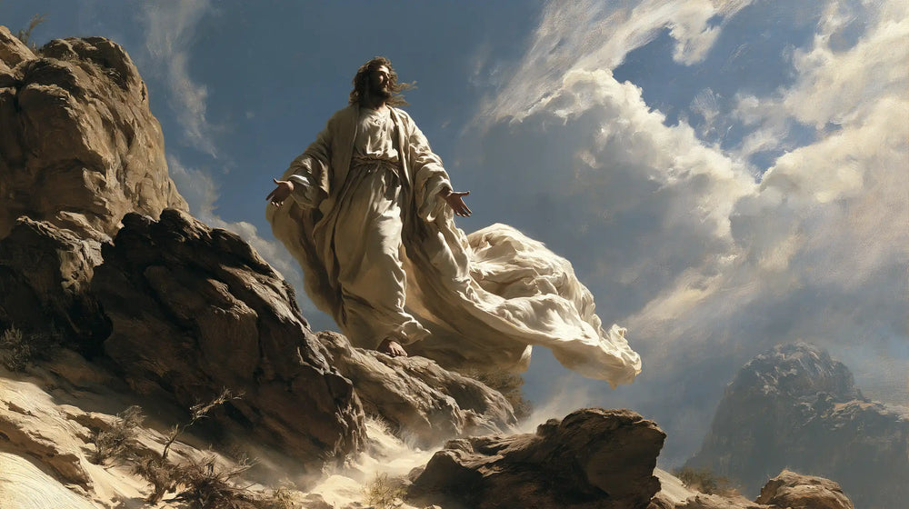 Jesus in the desert during the temptation in Theatrical Baroque style, landscape Christian artwork no. 17