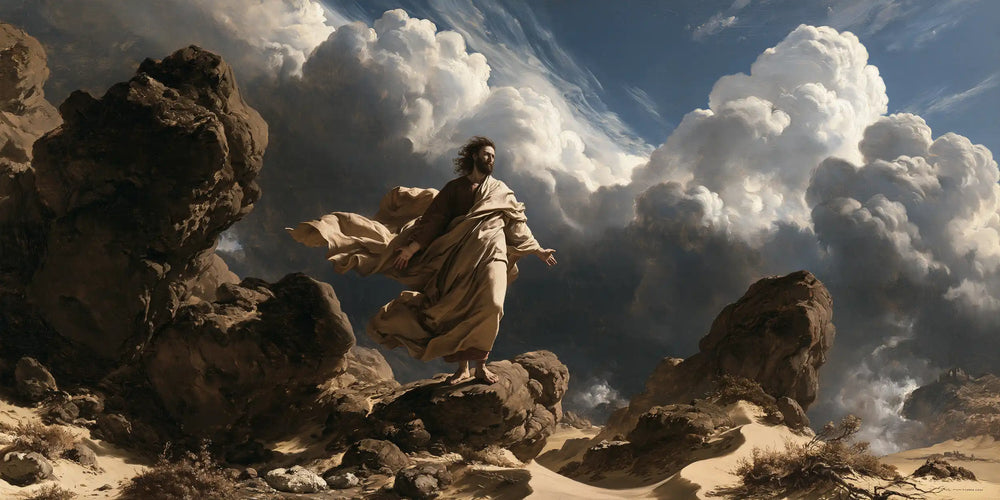 Jesus in the desert during the temptation in Theatrical Baroque style, landscape Christian artwork no. 22