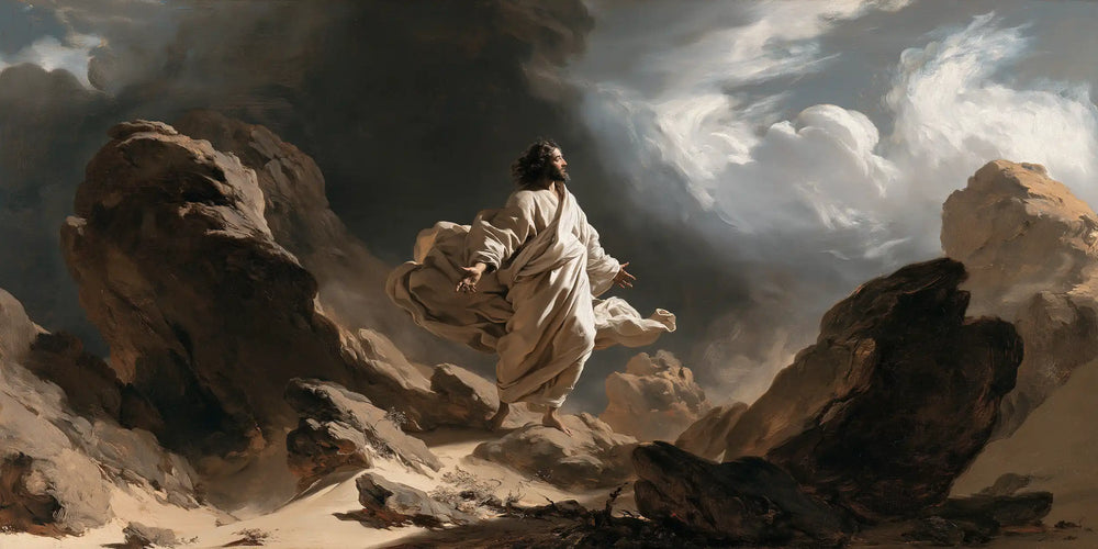 Jesus in the desert during the temptation in Theatrical Baroque style, landscape Christian artwork no. 23