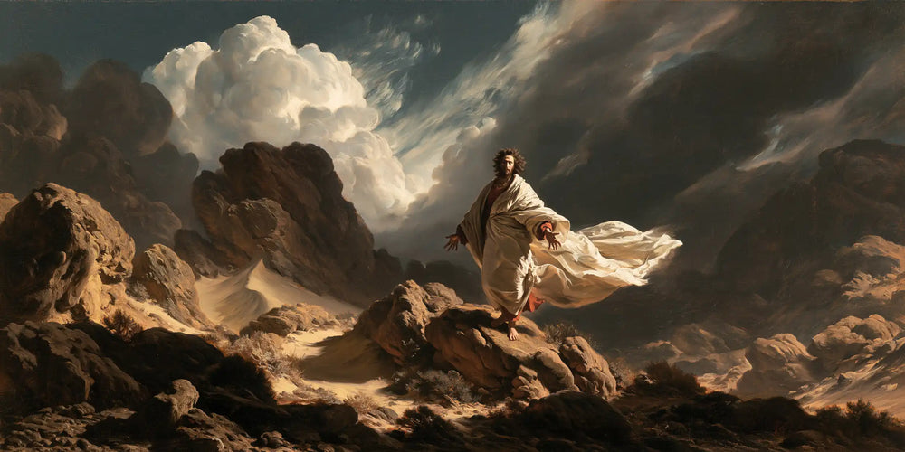 Jesus in the desert during the temptation in Theatrical Baroque style, landscape Christian artwork no. 24