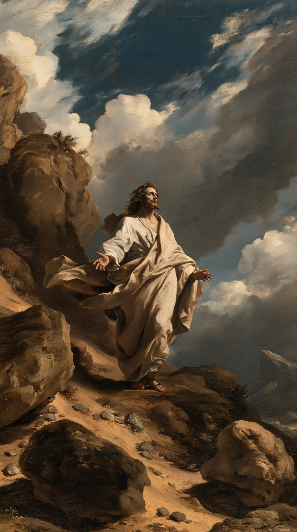 Jesus in the desert during the temptation in Theatrical Baroque style, portrait Christian artwork no. 3