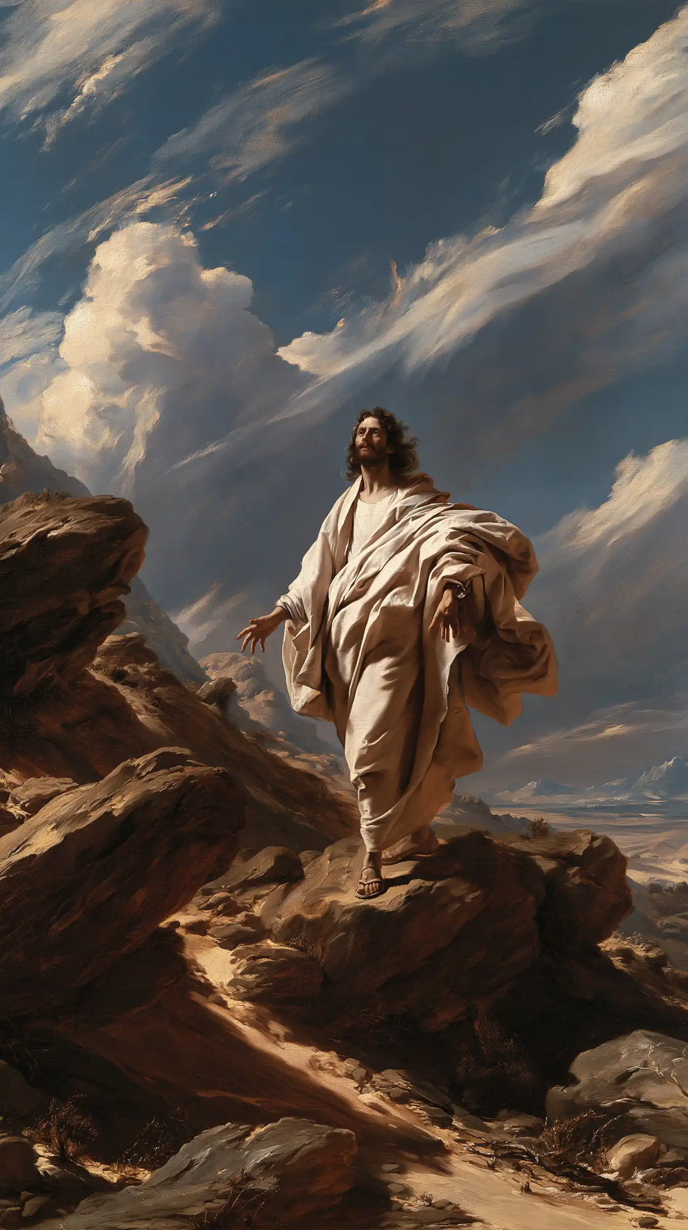 Jesus in the desert during the temptation in Theatrical Baroque style, portrait Christian artwork no. 4