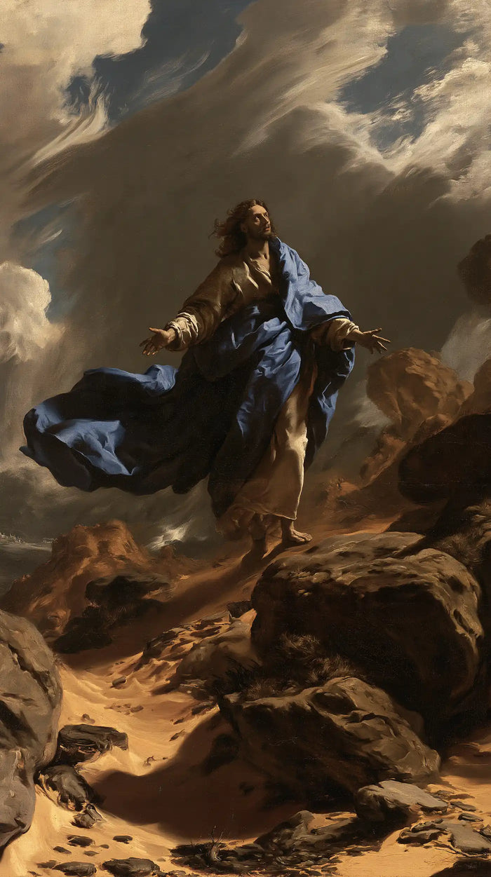 Jesus in the Desert — The Blue Mantle over the Amber Sands